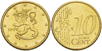 Финляндия 10 евроцентов 1999 М KM 101 латунь UNC 214-329
