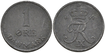 Дания 1 эре 1959 C;S, Фредерик IX (1947-1972) KM 839.2 цинк 4596-523