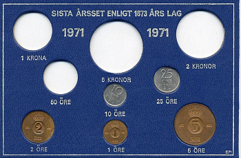 Швеция 1, 2, 5, 10, 25 эре 1971 Густав VI Адольф (1950-1973) в картоне набора монетного двора UNC 7-5-7-254