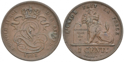 БЕЛЬГИЯ 1 САНТИМ 1902 BELGES KM 33.1 медь 4549-967