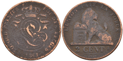 Бельгия 2 сантима 1861 Belges KM 4.2 медь 4595-155