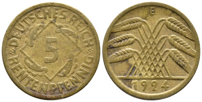 ГЕРМАНИЯ 5 РЕНТЕНПФЕННИГОВ 1924 E KM 32, J. 308 алюминиевая бронза 39-522