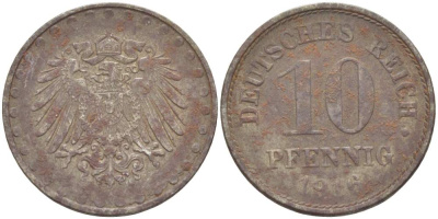 ГЕРМАНИЯ 10 ПФЕННИГОВ 1916 А KM 20, J. 298 железо 4523-313