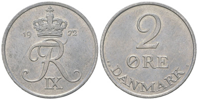 Дания 2 эре 1972 S; S, Фредерик IX (1947-1972) KM 840 цинк UNC 213-656