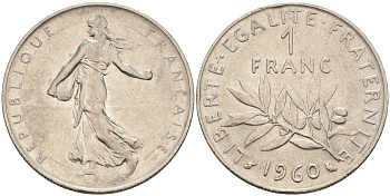 Франция 1 франк 1960 сеятель, тип Semeuse KM 925, Le Franc 226.5 никель 4592-1051