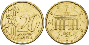 ГЕРМАНИЯ 20 ЕВРОЦЕНТОВ 2002 А KM 211 латунь 210-546