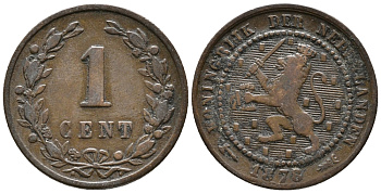 Нидерланды 1 цент 1878 Виллем III (1849-1890) KM 107 бронза 100-1244