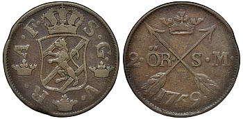 Швеция 2 эре 1759 S.M. диаметр 34 мм, вес 28,3 гр KM 461 медь 4179-321