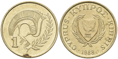Кипр 1 цент 1988 KM 53.2 никель латунь 4174-1132