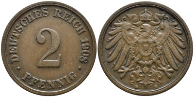 ГЕРМАНИЯ 2 ПФЕННИГА 1908 D KM 16, Jager 11, Weege 4 медь 4546-651