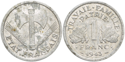 ФРАНЦИЯ 1 ФРАНК 1943 LB, ТИП LEGERE, ПРАВИТЕЛЬСТВО ВИШИ KM 902.1, LE FRANC 223.3 алюминий 4525-1113