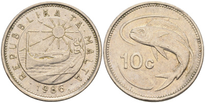 Мальта 10 центов 1986 золотая макрель KM 76 медно-никель 4588-164