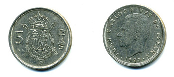 ИСПАНИЯ 5 ПЕСЕТ 1984 ХУАН КАРЛОС I (1975-) KM 823 медно-никель 59-1736