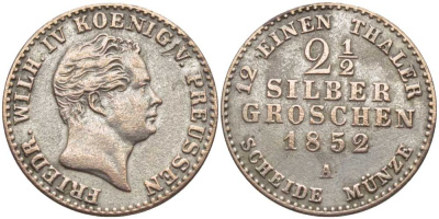 Пруссия 2 1/2 серебряного гроша 1852 А, Фридрих Вильгельм IV (1840-1861) KM 444, Olding 323, AKS 87, Jaeger 65 серебро 201-654