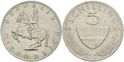 Австрия 5 шиллингов 1981 KM 2889a медно-никель 4579-351