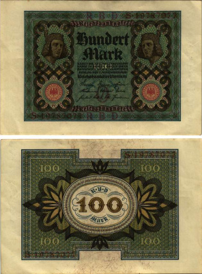 Германия 100 марок 1920 Бамбергский всадник, 8 цифр в номере, серия O, буква S Pick 69 b, Розенберг 69b бумага 8615-73-2-1