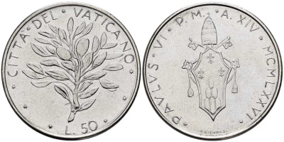 ВАТИКАН 50 ЛИР 1976 ГОД XIV, ПАВЕЛ VI (1963-1978), ОЛИВКОВАЯ ВЕТВЬ KM 121 нержавеющая сталь 4519-337