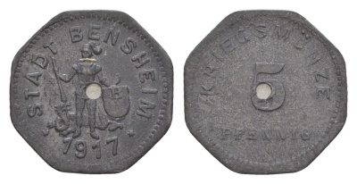 Бенсхайм 5 пфеннигов 1917 Funck 34.2A, Men05 1739.2, Men18 2245.2 цинк 4636-1041