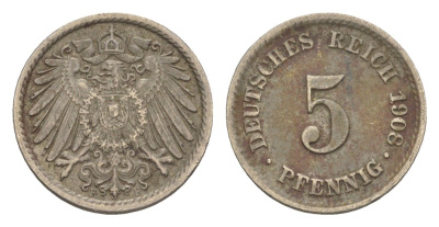 Германия 5 пфеннигов 1908 F, Вильгельм II (1888-1918) KM 11, J. 12 медно-никель 4615-133