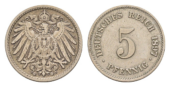Германия 5 пфеннигов 1897 G, Вильгельм II (1888-1918) KM 11, J. 12 медно-никель 4639-1264