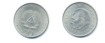 ГДР 20 марок 1972 А, Вильгельм Пик (1876-1960) KM 42 медно-никель 3333-422