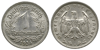 ГЕРМАНИЯ 1 РЕЙХСМАРКА 1934 А KM 78, J. 354 никель 4380-517