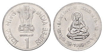 Индия 1 рупия 1999 Днянешвар KM 295 нержавеющая сталь UNC 4654-1245