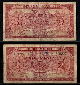 Бельгия 5 франков 1943 Pick 121 бумага 8602-42-2-2