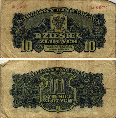 ПОЛЬША 10 ЗЛОТЫХ 1944 ПЕРВЫЙ НАЦИОНАЛЬНЫЙ ВЫПУСК ПОСЛЕ ВТОРОЙ МИРОВОЙ ВОЙНЫ, СЕРИЯ AO, OBOWAZKOWYM Pick 110 бумага F-VF 7487-38-1