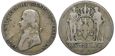 Пруссия 1 талер 1800 A, Фридрих Вильгельм III (1797-1840) KM 368, AKS 10, Dav. 2603, Kahnt 361, Thun 242 серебро 00-00