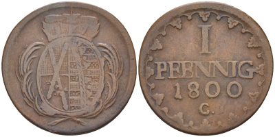Саксония 1 пфенниг 1800 С, Фридрих Август III (1763-1806) KM 1000 (C91) медь 4385-616