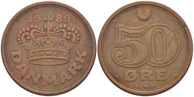Дания 50 эре 1989 Маргрете II (1972- ) KM 866.1 бронза 28-413