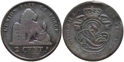БЕЛЬГИЯ 2 САНТИМА 1871 BELGES KM 35.1 медь 95-715