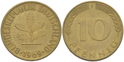 ФРГ 10 ПФЕННИГОВ 1969 J KM 108, J. 383 сталь плакированная латунью 4182-812