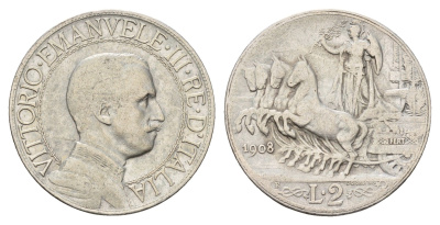 Италия 2 лиры 1908 R, Виктор Эммануил III (1900-1946) KM 46 серебро 413-2324