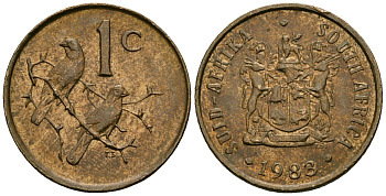 ЮАР 1 цент 1983 герб, капские воробьи KM 82 бронза 4136-848