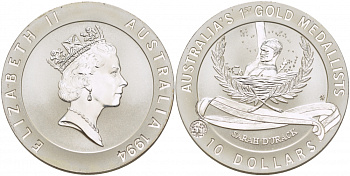 Австралия 10 долларов 1994 1-ое Олимпийское золото Австралии, 1912 год, плавание KM 226 серебро PROOF 1082-6-63