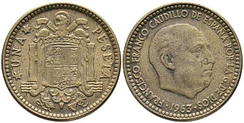 ИСПАНИЯ 1 ПЕСЕТА 1963 (66) ФРАНСИСКО ФРАНКО ДИКТАТОР ИСПАНИИ (1939-1975) KM 775 алюминиевая бронза 110-1137