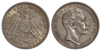 Пруссия 3 марки 1909 Вильгельм II (1888-1918) KM 527, J. 103 серебро    413-632