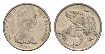 Новая Зеландия 5 центов 1975 Елизавета II (1952-2022), ящерица гаттерия KM 34.1 медно-никель 4655-1157