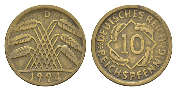 Германия 10 рейхспфеннигов 1924 D KM 40, J. 317 алюминиевая бронза 4640-352