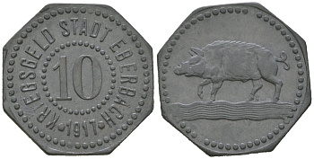 Эбербах 10 пфеннингов 1917 Funck 106.2, Men05 6044.2, Men18 7578.2 цинк 1515-142