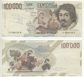 Италия 100000 лир 1983 Караваджо, фруктовый букет, подпись Stevani Pick 110а бумага 7220-1-2