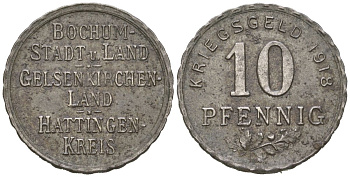 Бохум, Гельзенкирхен, Хаттинген 10 пфеннигов 1918 Funck 49.1, Men05 3022.1, Men18 3860.1 железо 4617-244