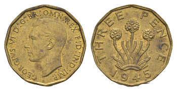 Великобритания 3 пенса 1945 Георг VI (1936-1952) KM 849, Spink 4112 никель латунь UNC 73-1053