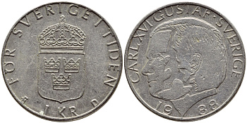 Швеция 1 крона 1988 Карл XVI Густав (1973- ) KM 852a медно-никель 4397-1227