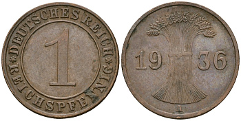 Германия 1 рейхспфенниг 1936 A KM 37, J. 313 бронза 4528-723