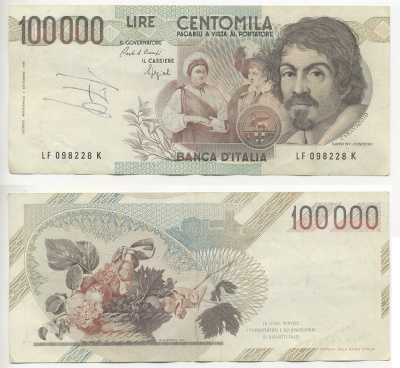 Италия 100000 лир 1983 Караваджо, фруктовый букет, подпись Stevani Pick 110а бумага 7220-1-2