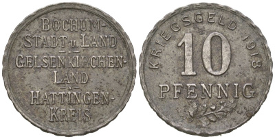 Бохум, Гельзенкирхен, Хаттинген 10 пфеннигов 1918 Funck 49.1, Men05 3022.1, Men18 3860.1 железо 4617-244