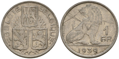 Бельгия 1 франк 1939 Belgie - Belgique KM 120 никель 217-434
